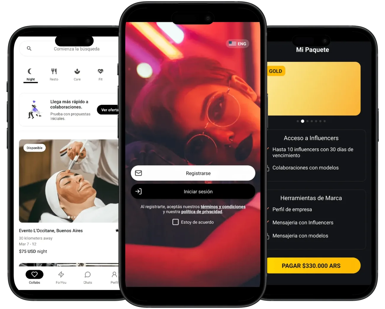 Lit app screens: sign-up, creator profile, offers feed and Gold plan