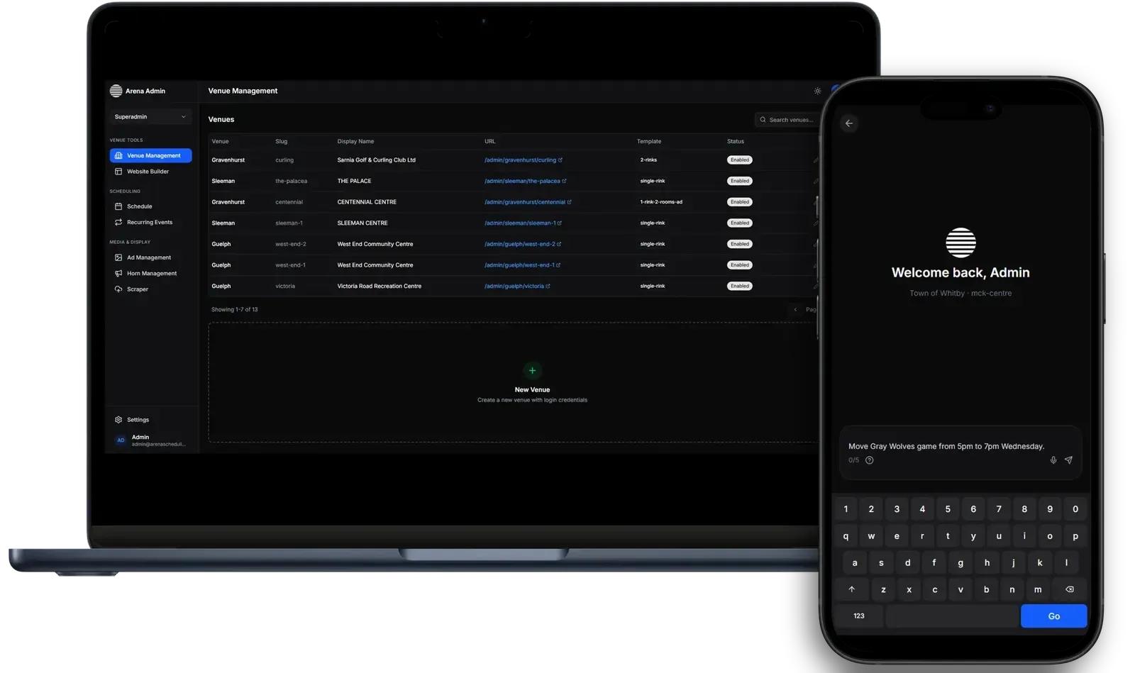 HarrisTime multi-venue dashboard and the Scheda scheduling assistant on a phone