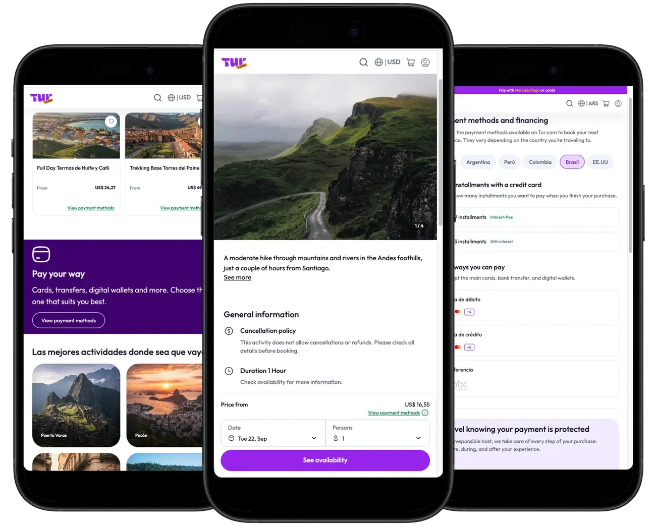 Tur.com on three phones: activity feed, a tour page and payment methods